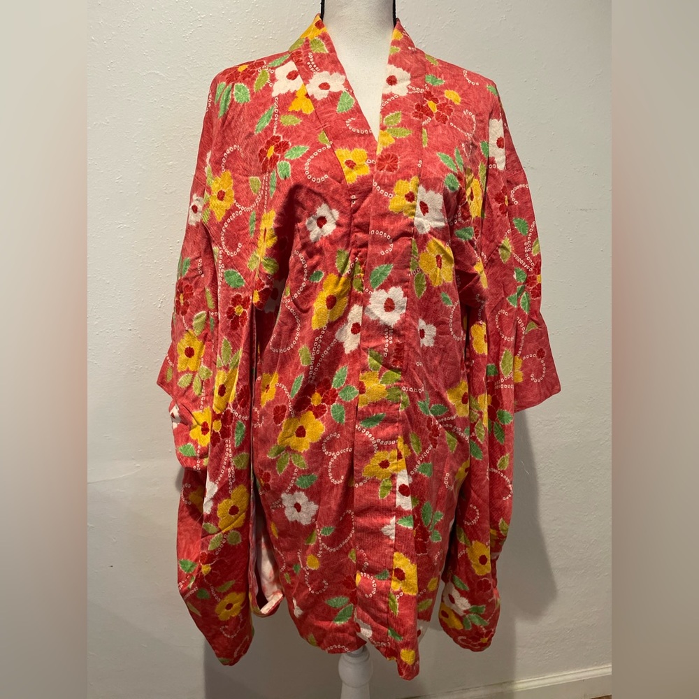 Vintage Japanese Floral Haori Midi Kimono Red XL